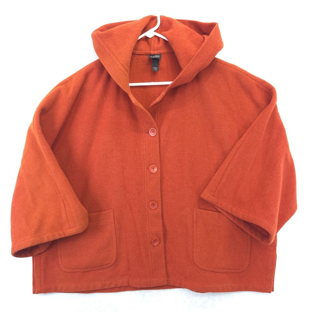 EILEEN FISHER Woman’s Small Jacket Orange 100% Wool Melton Hooded Boxy Poncho